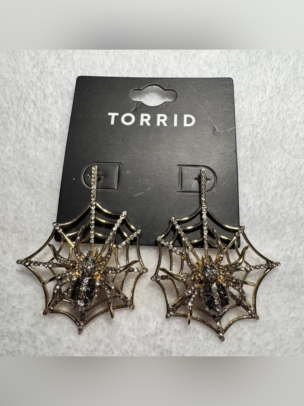 #Jx008 Torrid Halloween Spider on Spiderweb Rhinestone Drop Statement Earrings